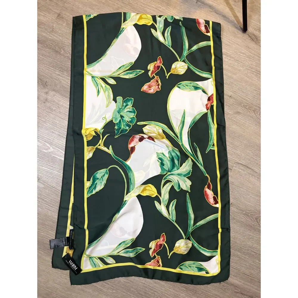 NWT White House Black Market Green‎ Floral Faux Silk Scarf Wrap Artsy Shawl